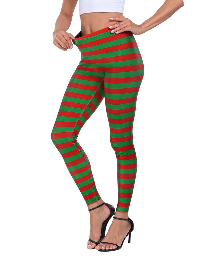 HDE Trendy Design Workout Leggings - Fun Fashion Graphic Printed Cute Patterns Red & Green Holiday Stripes - M - Image 5